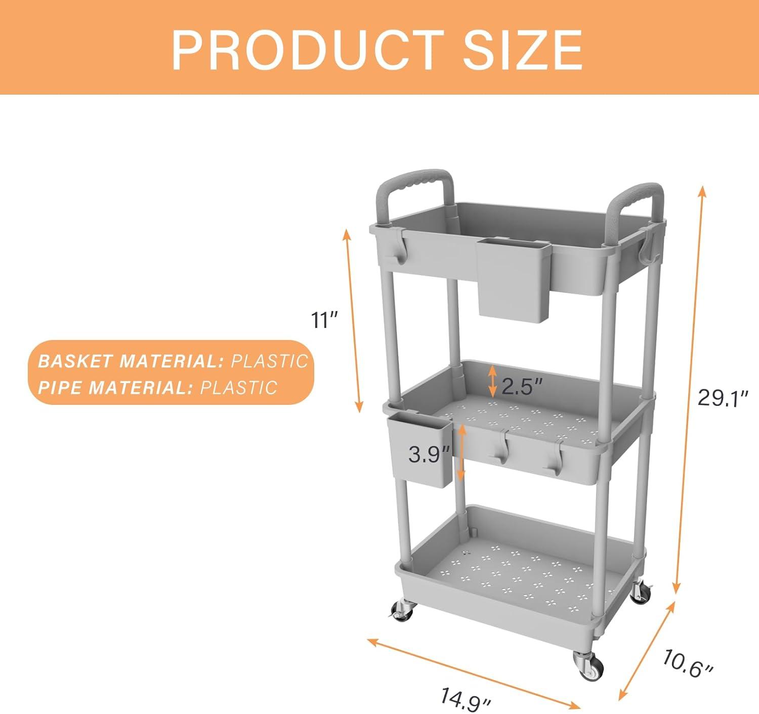 3 Tier Rolling Utility Cart with Handle,REBECAT Utility Cart Made of Multifunctional Storage Organizer Tool for Kitchen,Bathroom,Living Room,Office(Gray)