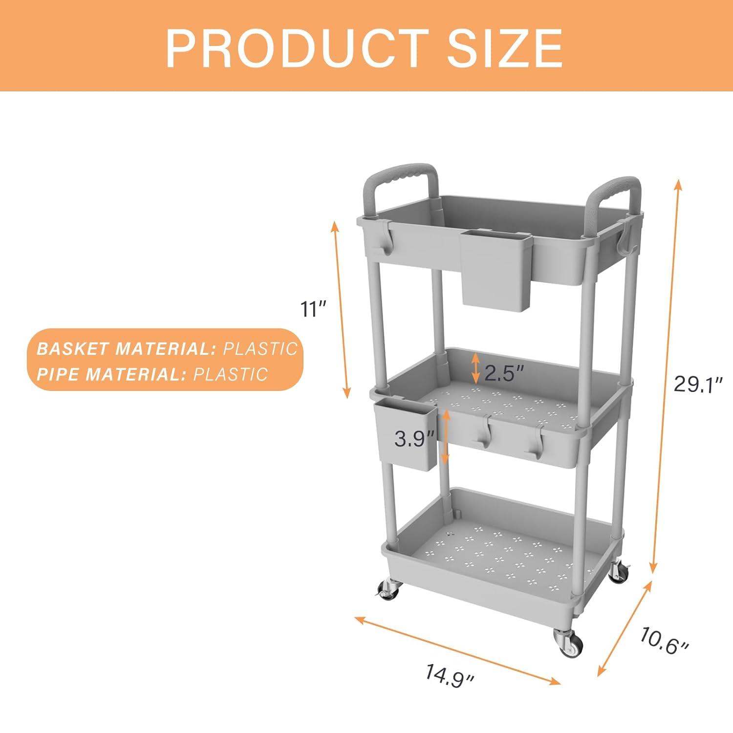 3 Tier Rolling Utility Cart with Handle,REBECAT Utility Cart Made of Multifunctional Storage Organizer Tool for Kitchen,Bathroom,Living Room,Office(Gray)