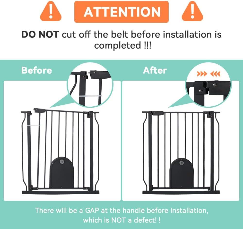 Caveen 29.5-48.4" Wide Pet Safety Gate with Cat Door Pressure Mount, Black