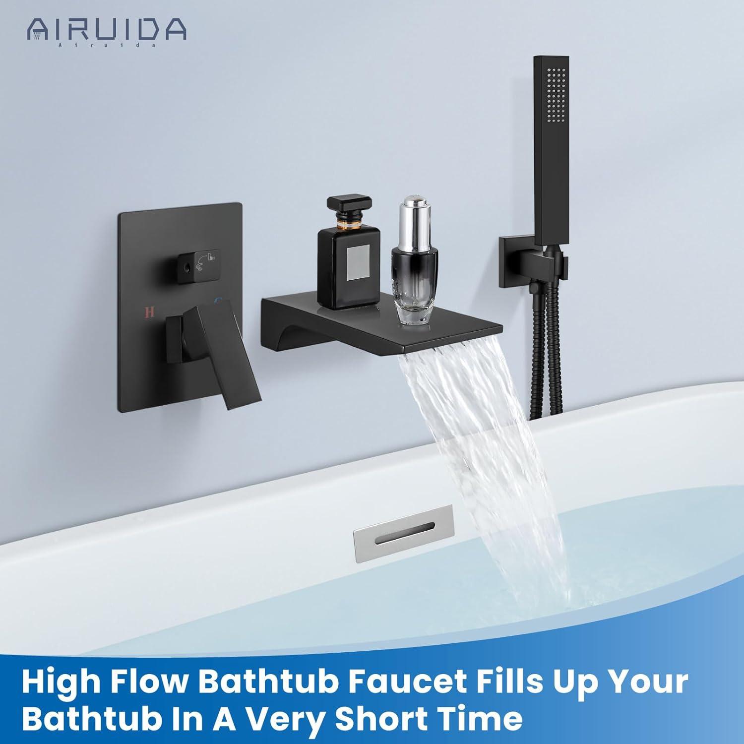Airuida Wall Mount Tub Faucet with Waterfall Tub Spout Wall Mounted Bathtub Faucet with Handheld Shower Single Handle Tub Filler Shower Faucet Set with Rough-in valve Straight Spout Matte Black