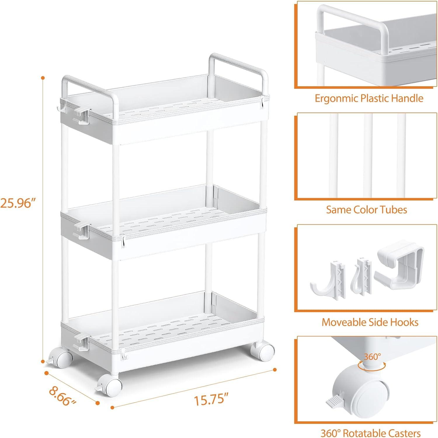 3 Tier Classic Storage Rolling Cart Slim Storage Cart with Wheels Slide Out Storage Rolling Cart Organizer Plastic for Bathroom Laundry, White