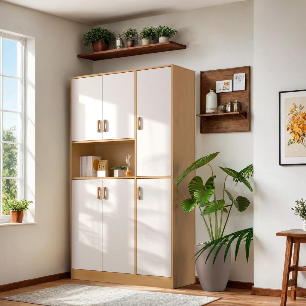 DIYART 70" Tall Oak and White Kitchen Pantry Cabinet, Kitchen Storage Cabinet with 6 Doors, Freestanding Kitchen Hutch with Storage for Kitchen, Dining Room