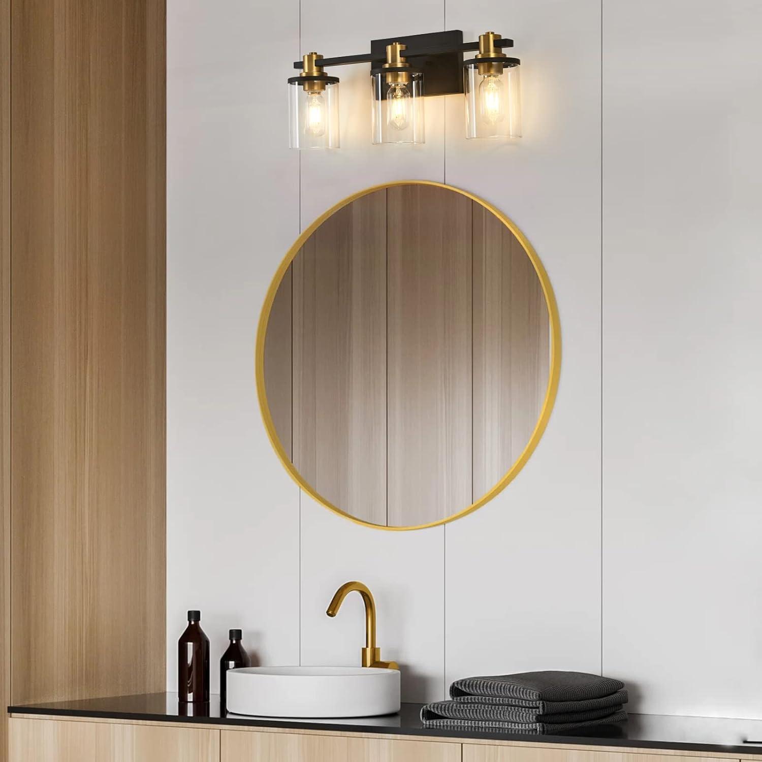 Black and Gold 3-Light Vanity with Clear Glass Shades