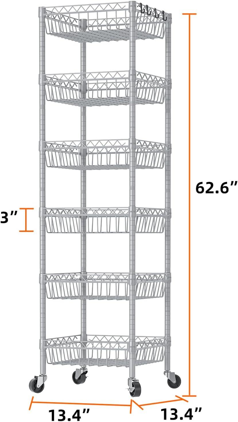 6 Tier Wire Shelving Unit with Baskets Storage Rack Corner Shelf Shelving Adjustable Storage Shelf, 13.4" D x 13.4" W x 62.6" H,Silver