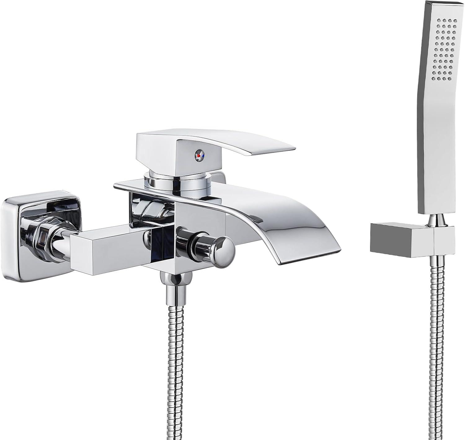 Midanya Wall Mount Bathtub Faucet with Handheld Spray Waterfall Tub Filler Single Handle Bathroom Tub Mixer Tap Hand-Shower System with Curved Spout Commercial,Brushed Nickel