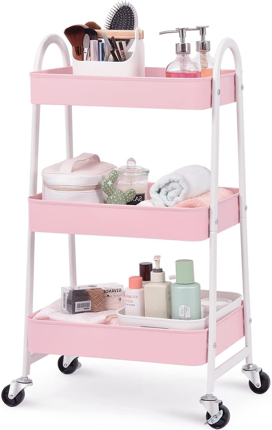 Pink 3-Tier Metal Rolling Utility Cart with Wheels