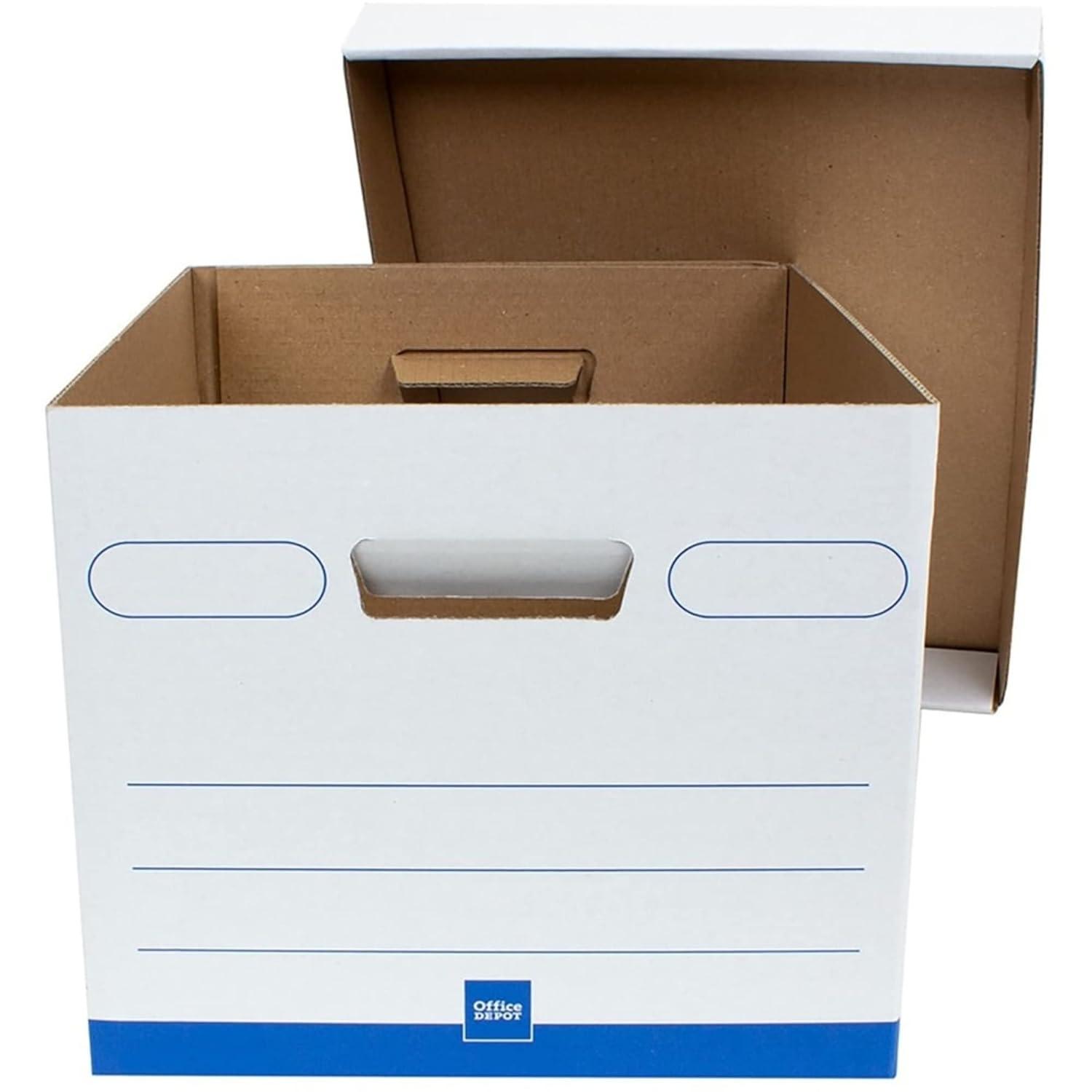 Office Depot® Brand Medium Quick Set Up Corrugated Medium-Duty Storage Boxes With Lift-Off Lids And Built-In Handles, Letter/Legal Size, 15" x 12" x 10", White/Blue, Pack Of 5