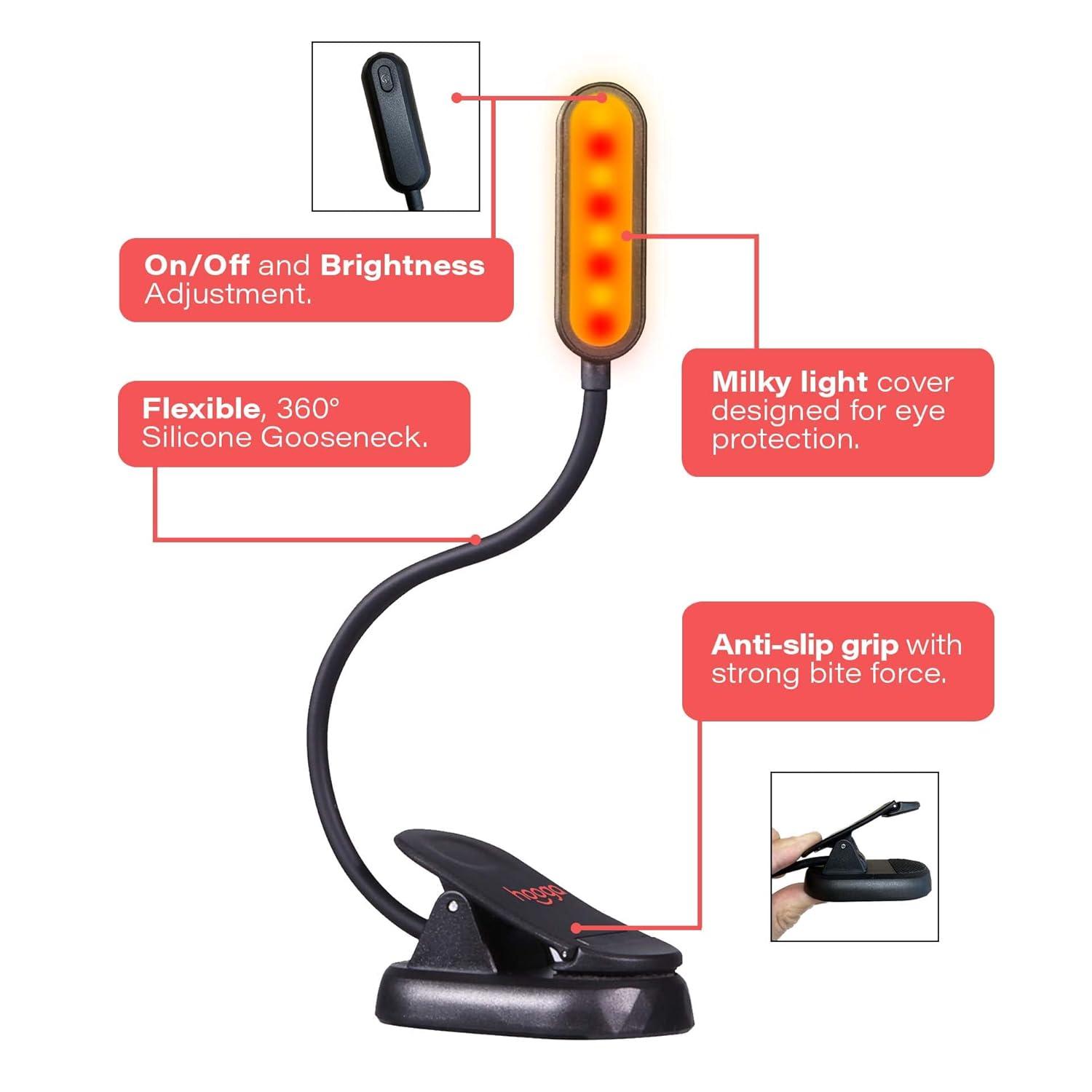 Book Light, Blue Light Blocking, Amber Clip-On Reading Light by Hooga. 1600K Warm LEDs for Reading in Bed. Sleep Aid Light. Rechargeable 1200mAh Battery. Adjustable Brightness. Works with Kindles