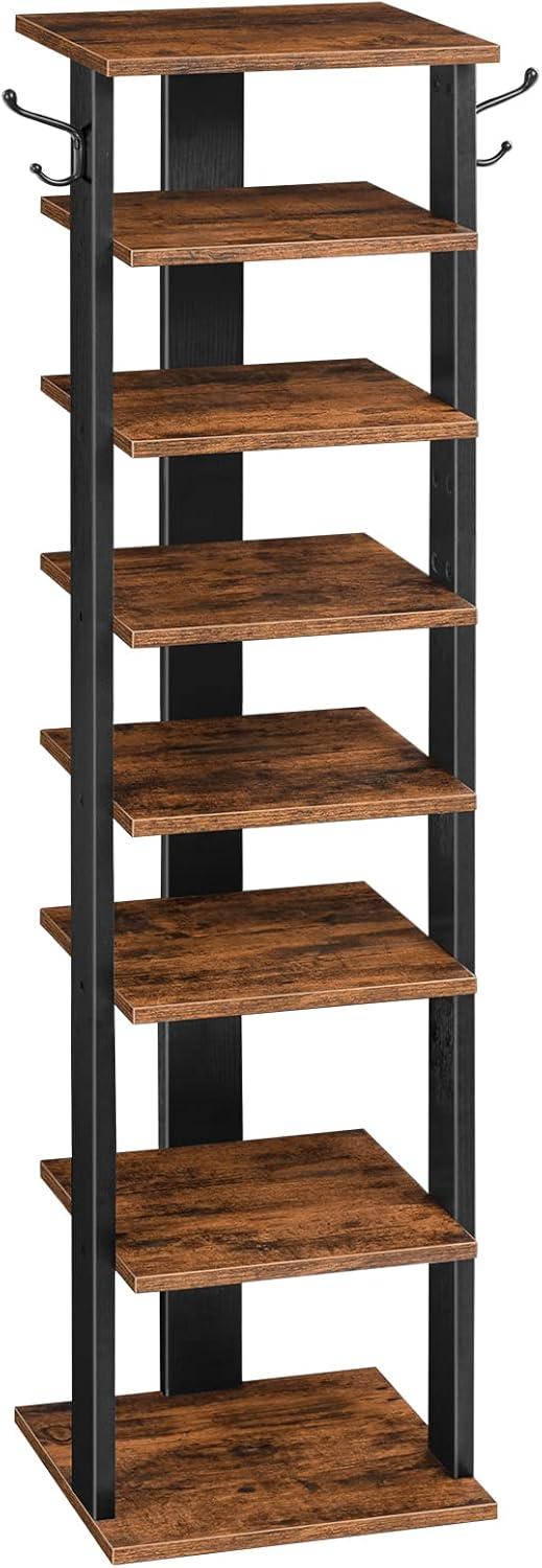 8 Tiers Vertical Shoe Rack, Wooden Shoe Storage Organizer with Hooks, Narrow Shoe Tower for 8 Pairs, Space Saving, for Entryway, Living Room, Bedroom, Rustic Brown BF07XJ01G1