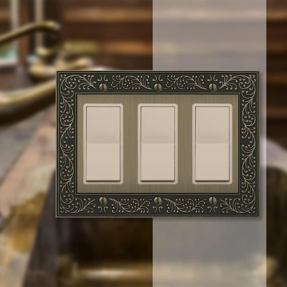 Amerelle 43RRRBB English Garden Wallplate, 3 Rocker, Cast Metal, Brushed Brass, 1-Pack
