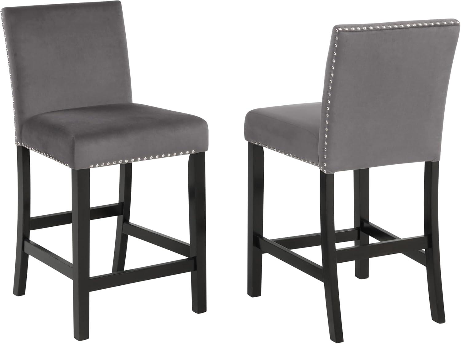Roundhill Furniture Cobre Contemporary Velvet Counter Stool with Nailhead Trim, Gray, Set of 2
