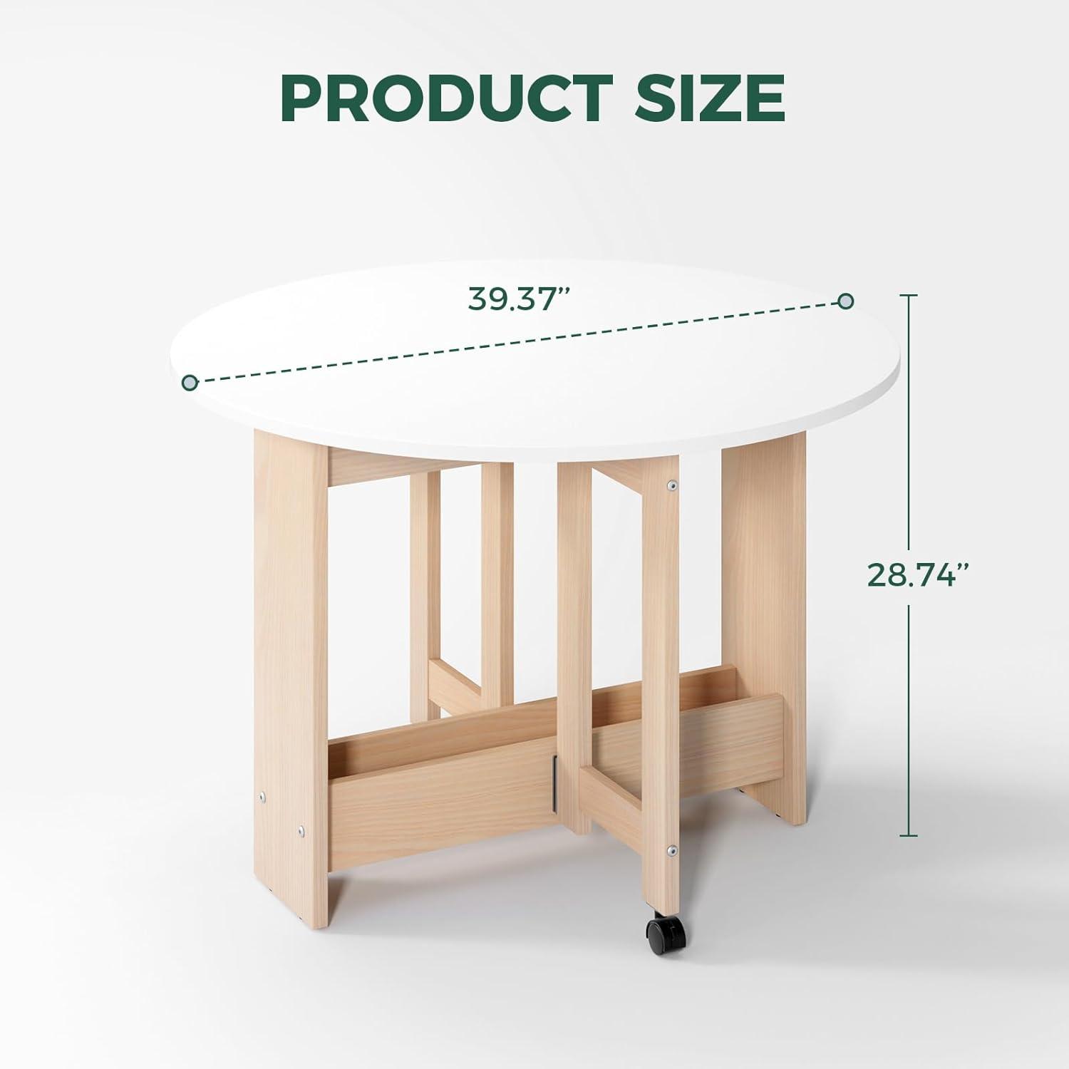 kasshom 40'' Round Drop Leaf Folding Dining Table, Convertible Mid Century Modern Scandinavian Extendable Desk with Storage and 2 Wheels for Living Room Kitchen Farmhouse Small Space, White