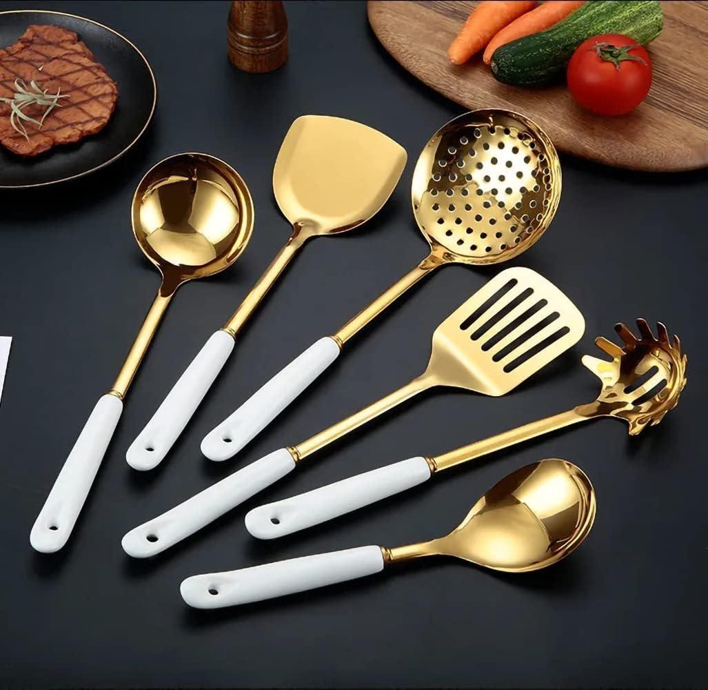 Lxmons Gold Stainless Steel Kitchen Utensil Set Cooking 7 Pcs Set with Hold,Include Spatulas,Soup spoons,Colander