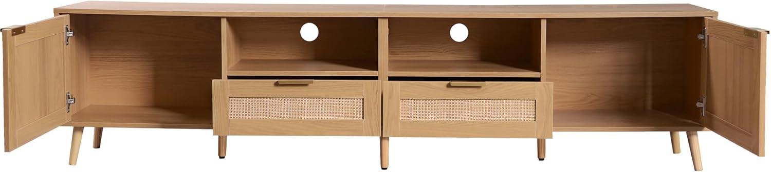 Rattan TV Stand for 85''+ TV, Mid Century Modern Entertainment Center with Rattan Decor Doors, Wood TV Console with 2 Doors & 2 Open Shelves & Drawers for Living Room, Bedroom, Natural