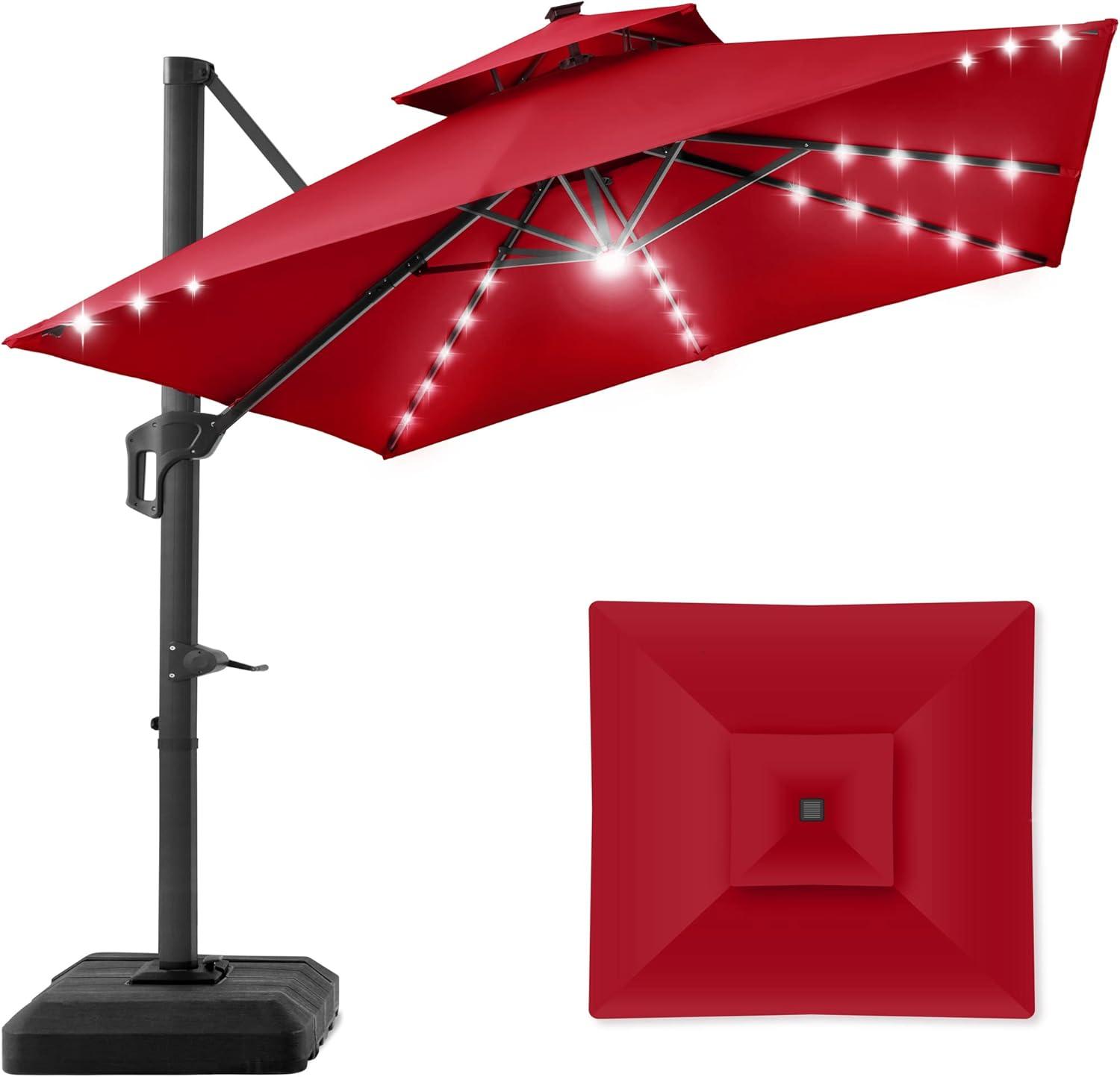 Best Choice Products 10x10ft 2-Tier Square Outdoor Solar LED Cantilever Patio Umbrella w/ Base Included - Red