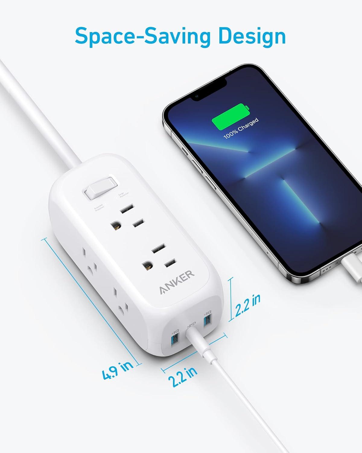 Compact White 6-Outlet USB-C Power Strip with Surge Protection