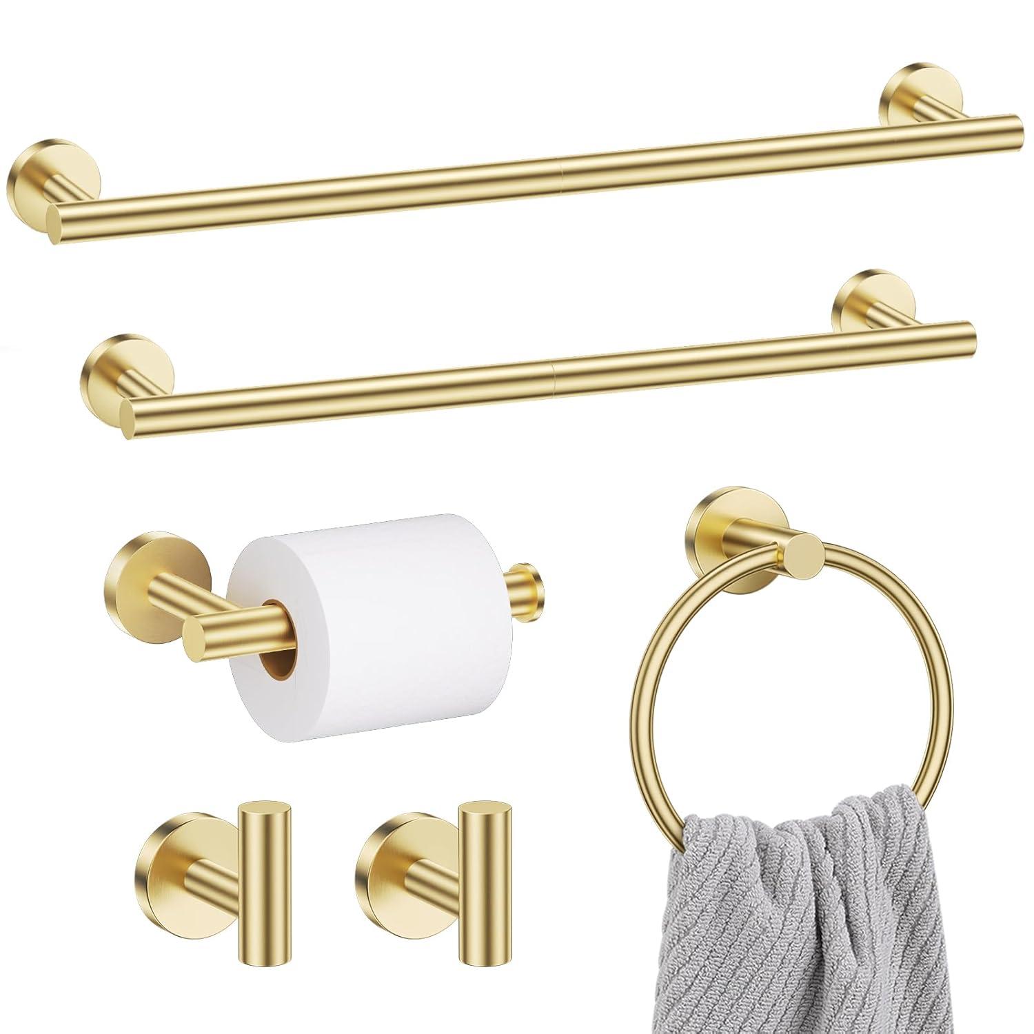 Bathroom Towel Holder Set, 6 Pieces Brushed Gold Towel Bar Bathroom Hardware Accessories Set, SUS304 Stainless Steel Towel Rack Towel Ring Toilet Paper Holder Set Wall Mounted