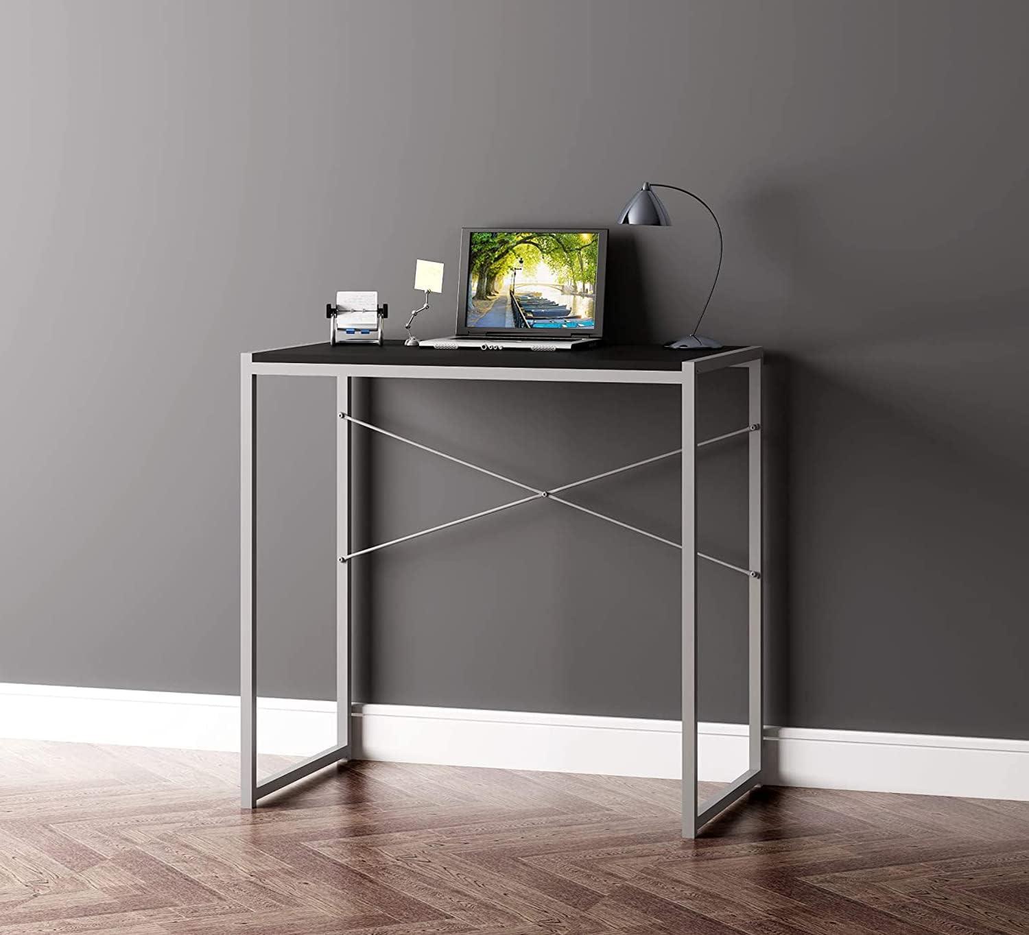 Black Rectangular Wood Writing Desk with Silver Metal Legs