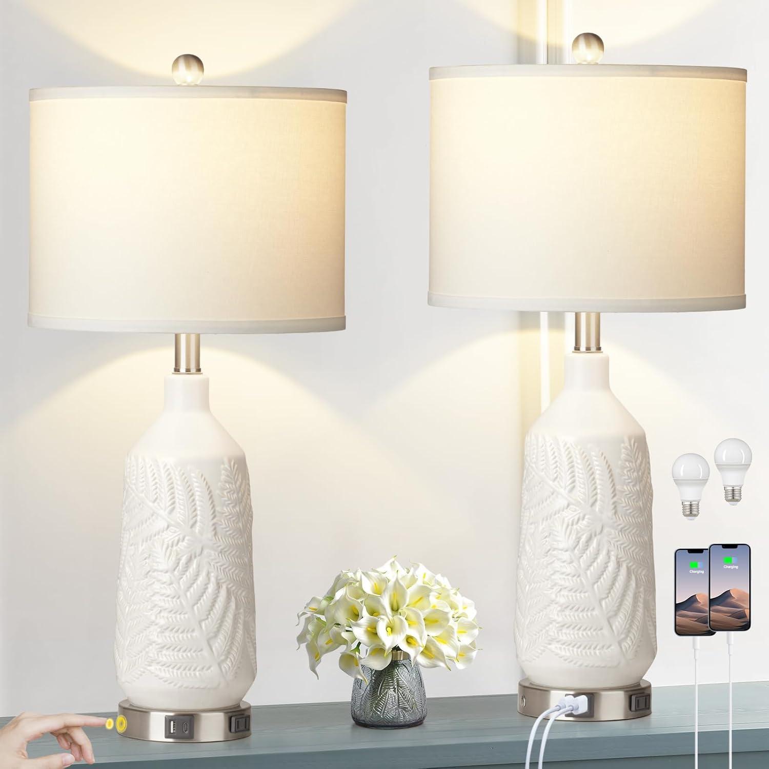 White Ceramic Table Lamps Set with Linen Shades and USB Ports