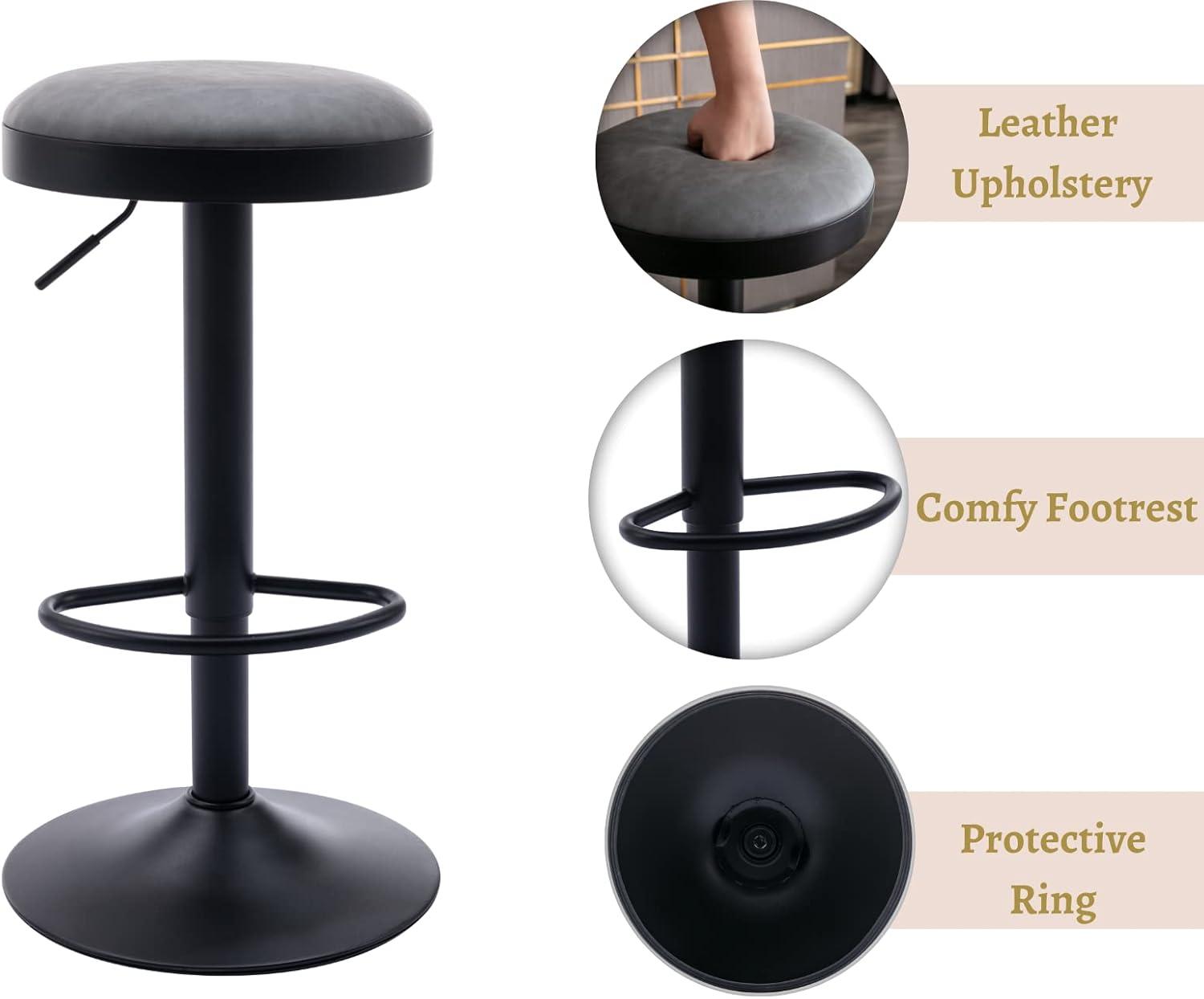 Adjustable Gray Leather and Metal Swivel Bar Stools