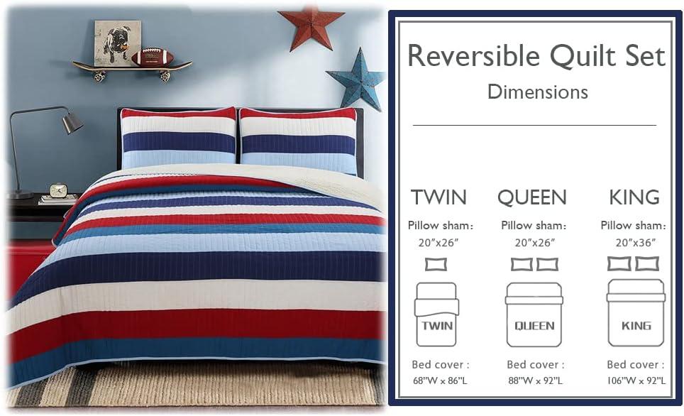 Cozy Line Home Fashions Cozy Line Ressler Stripe Reversible Cotton Quilt Bedding Set - Blue/Ivory/Red Twin 2 Piece