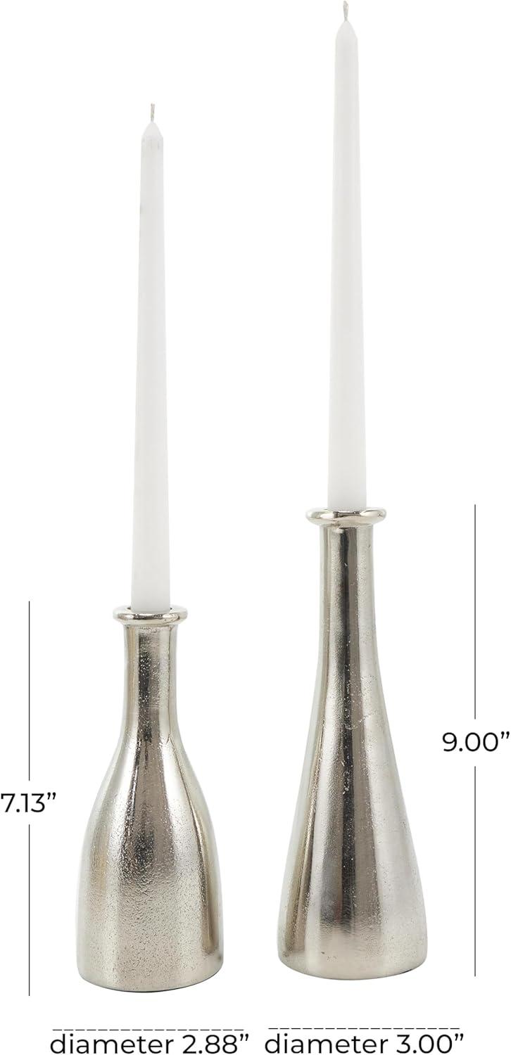Deco 79 Aluminum Metal Decorative Candle Holder Candle Stand with Varying Shapes, Set of 2 Candlestick Holder 9", 7" H, Silver