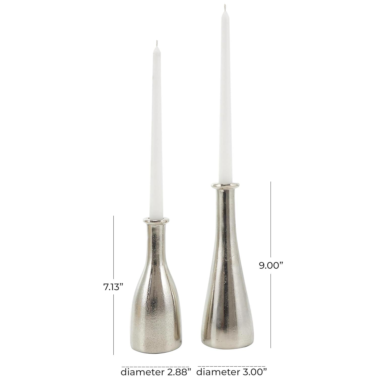 Deco 79 Aluminum Metal Decorative Candle Holder Candle Stand with Varying Shapes, Set of 2 Candlestick Holder 9", 7" H, Silver