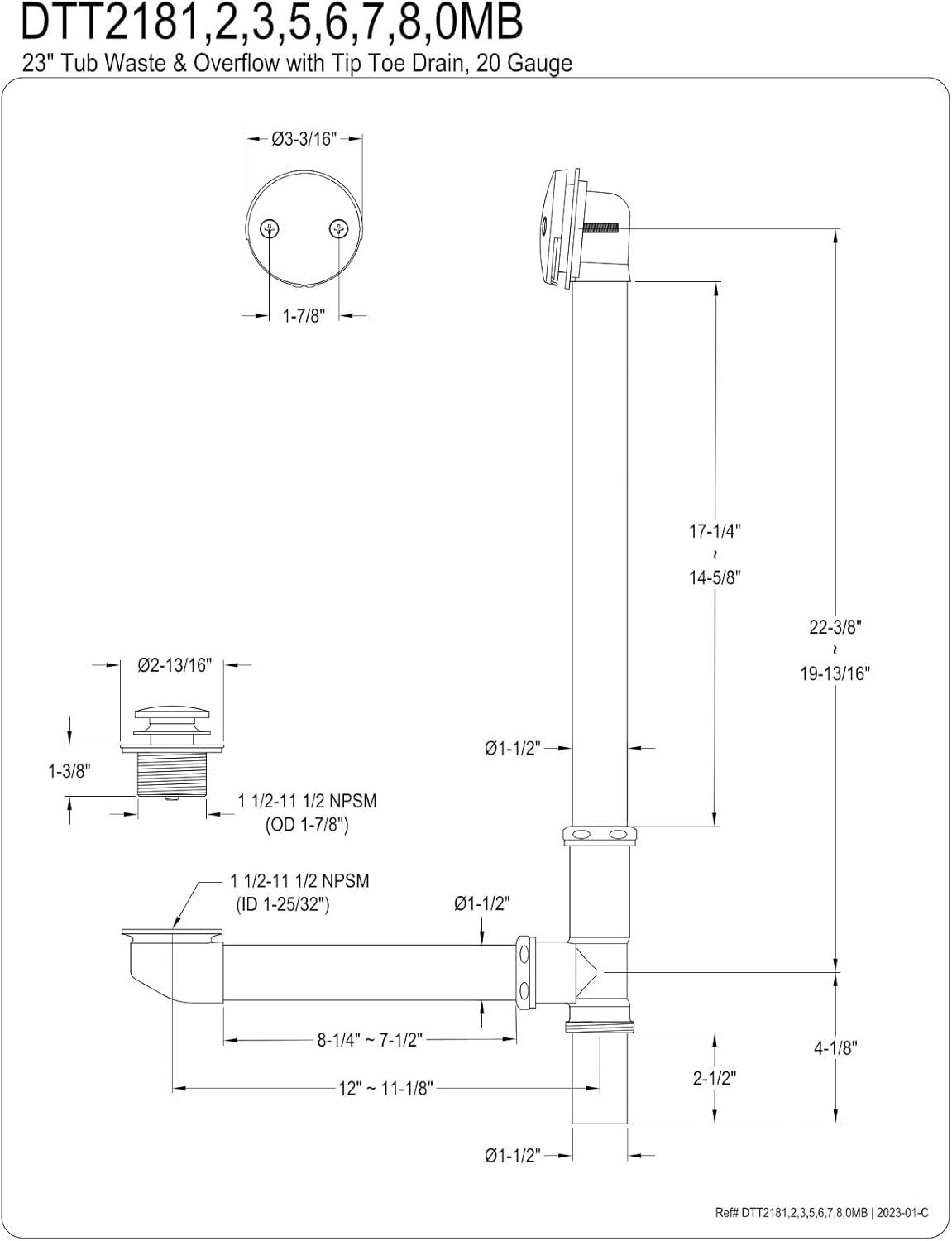 Kingston Brass Made To Match 23-Inch Brass Toe Touch Tub Waste and Overflow