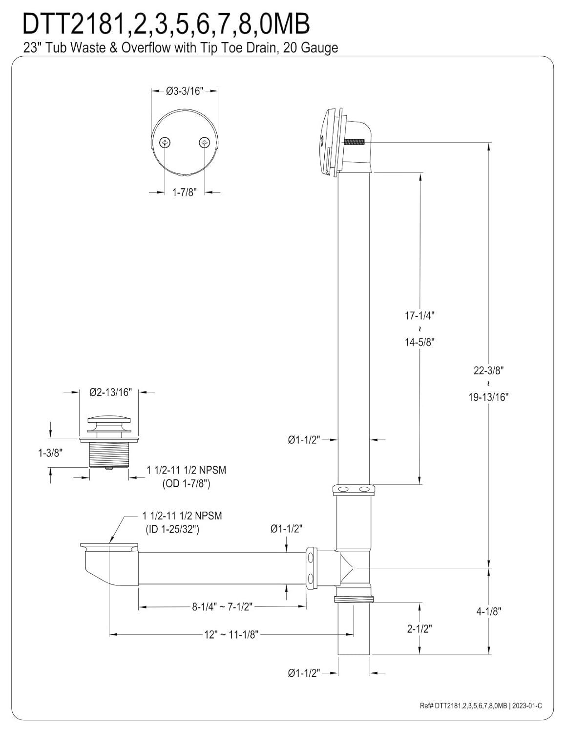 Kingston Brass Made To Match 23-Inch Brass Toe Touch Tub Waste and Overflow