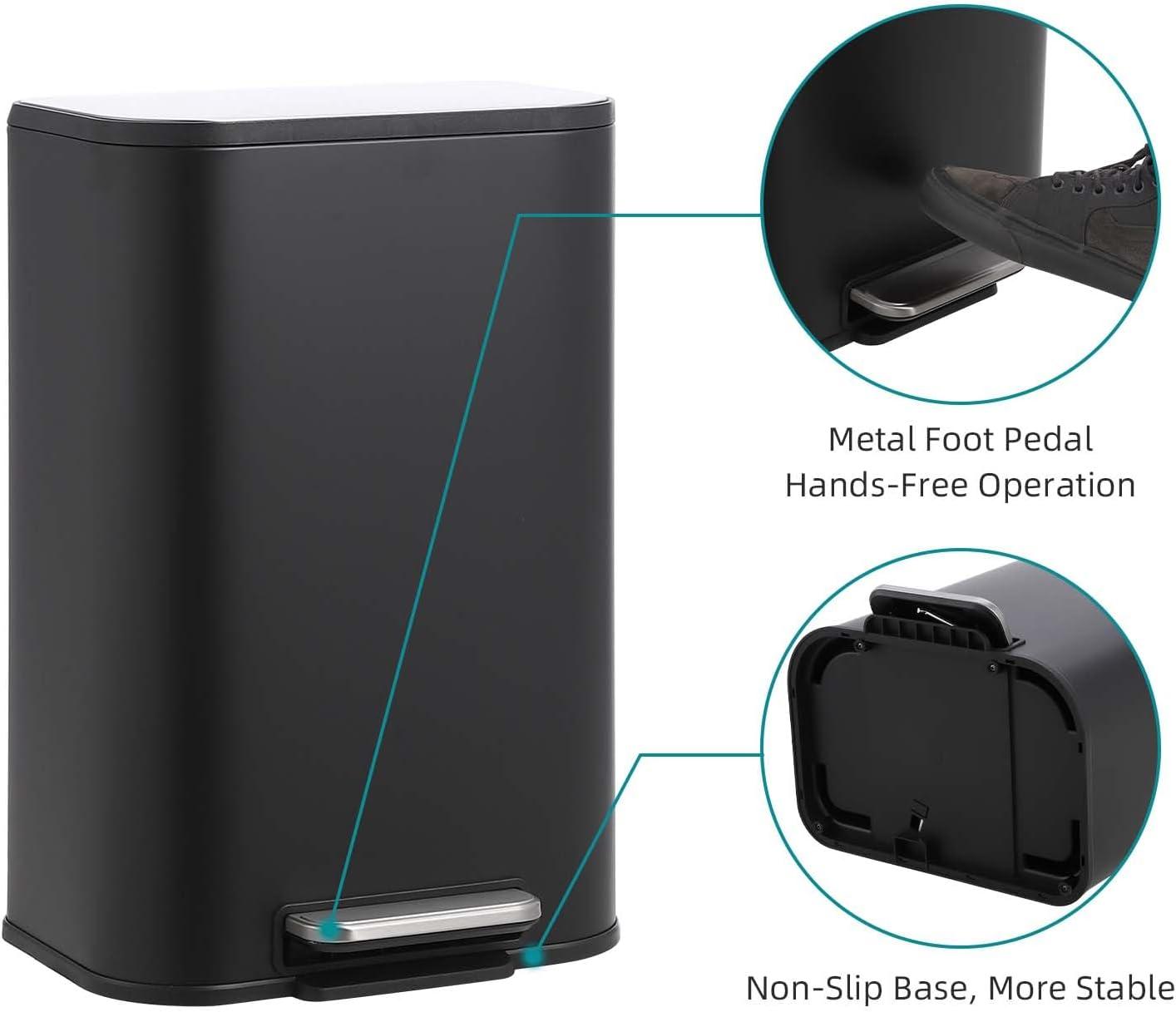 12L Matte Black Stainless Steel Rectangular Pedal Trash Can