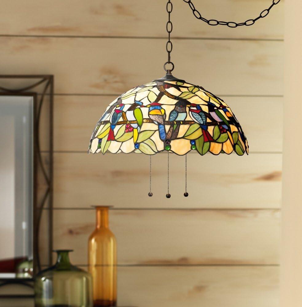 Robert Louis Tiffany Bronze Plug In Swag Pendant Chandelier 20" Wide Mission Garden Birds Stained Glass 3-Light Fixture for Dining Room Kitchen Island