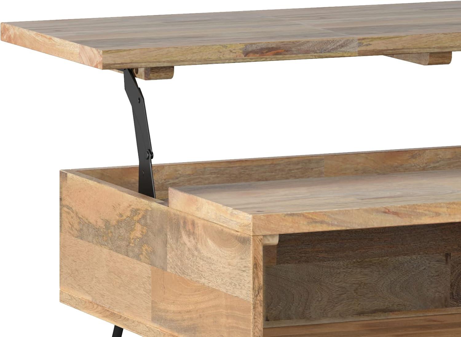 Hunter Solid Wood Industrial Small Lift Top Coffee Table with Hidden Storage and Metal Hairpin Legs.