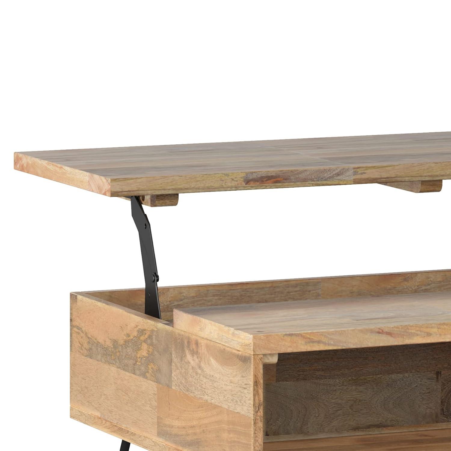 Hunter Solid Wood Industrial Small Lift Top Coffee Table with Hidden Storage and Metal Hairpin Legs.