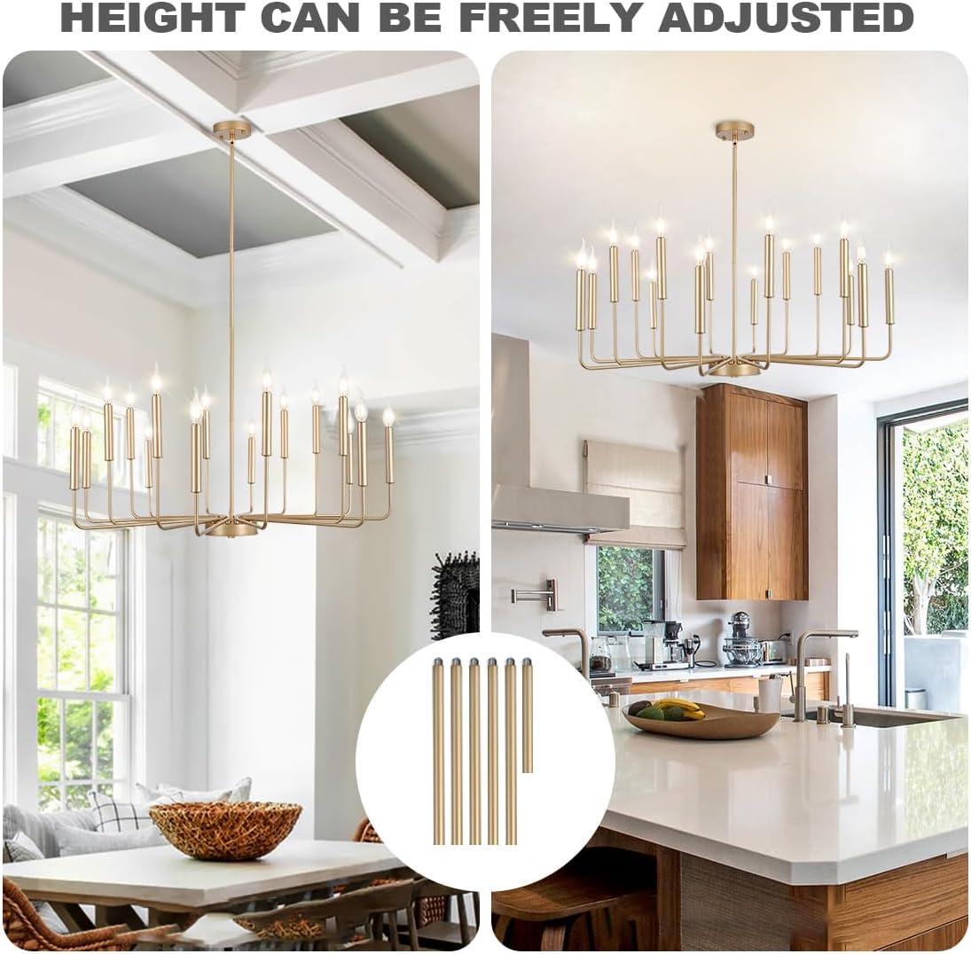 Farmhouse Gold Chandeliers for Dining Room, 16-Light Modern Candle Chandelier Light Fixture, Rustic Industrial Metal Chandeliers for Living Room, Kitchen, Staircase, Entryway, Foyer