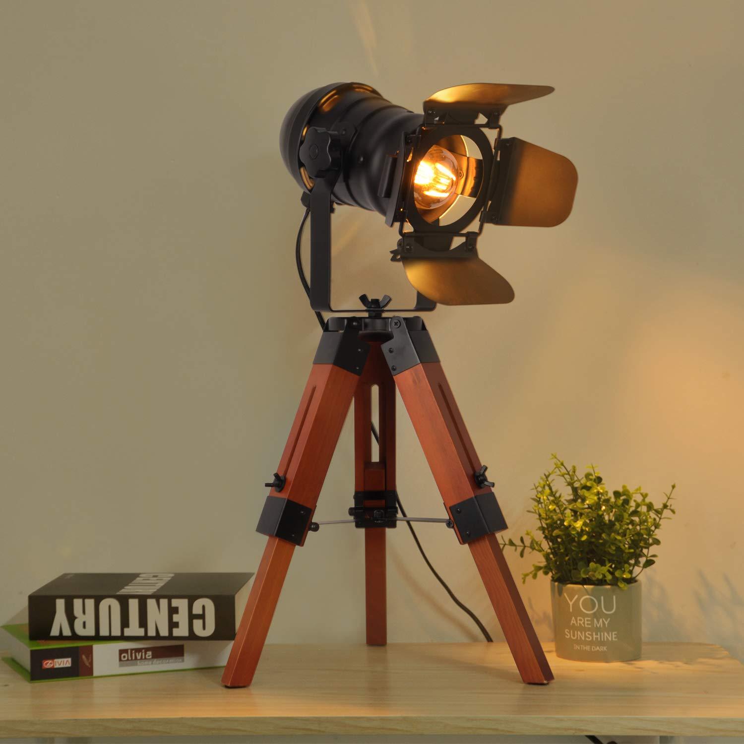 Modern Industrial Vintage Tripod Floor Table Lamp - Metal Wooden Nautical Cinema Standing Searchlight - Reading Light for Living Room Movie Theatre Decoration Adjustable Height (excluding Bulb)