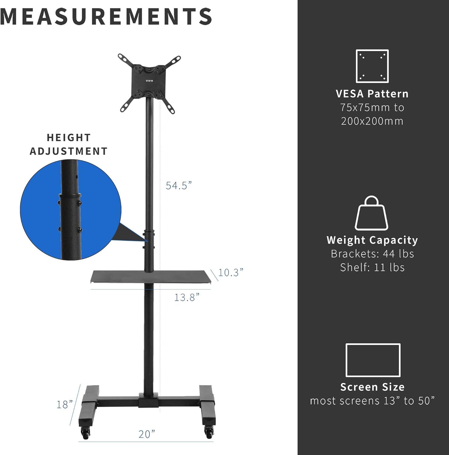 Vivo Adjustable Black Mobile TV Stand with Utility Shelf, 13"-50"