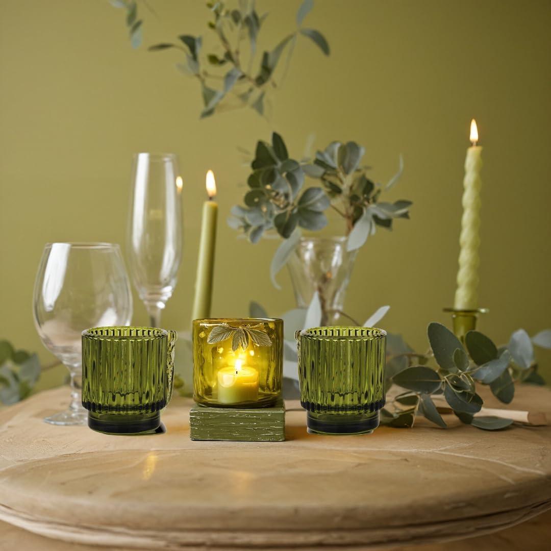 Olive Green Ribbed Glass Votive Candle Holders, Set of 6