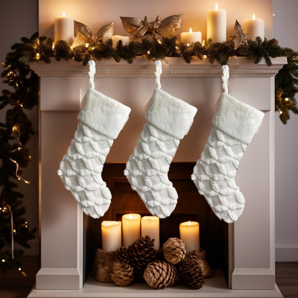 Snowy White Faux Fur Christmas Stockings with Cable Knit, 18 Inch, Set of 3