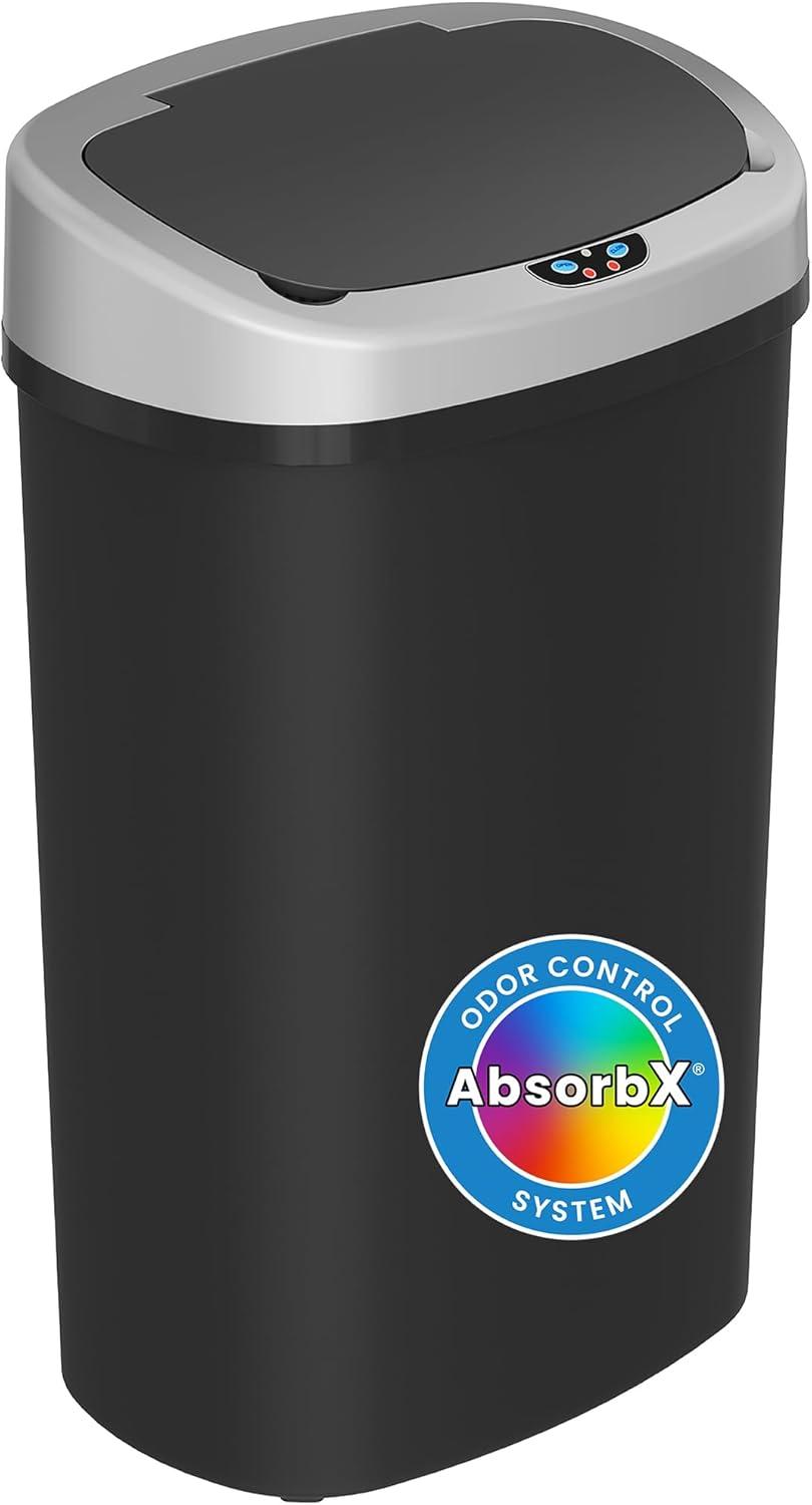 iTouchless 13 Gallon Black Plastic Oval Sensor Kitchen Trash Can with Lid and Odor Filter