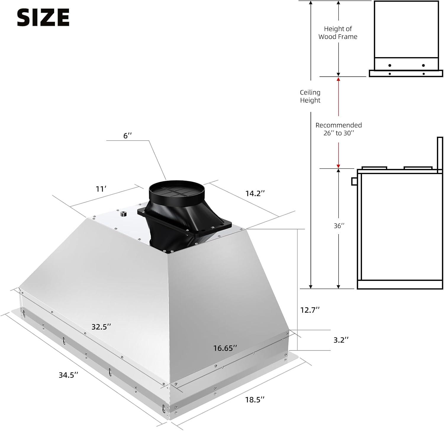 36 Inch Stainless Steel Convertible Insert Range Hood with LED Lights