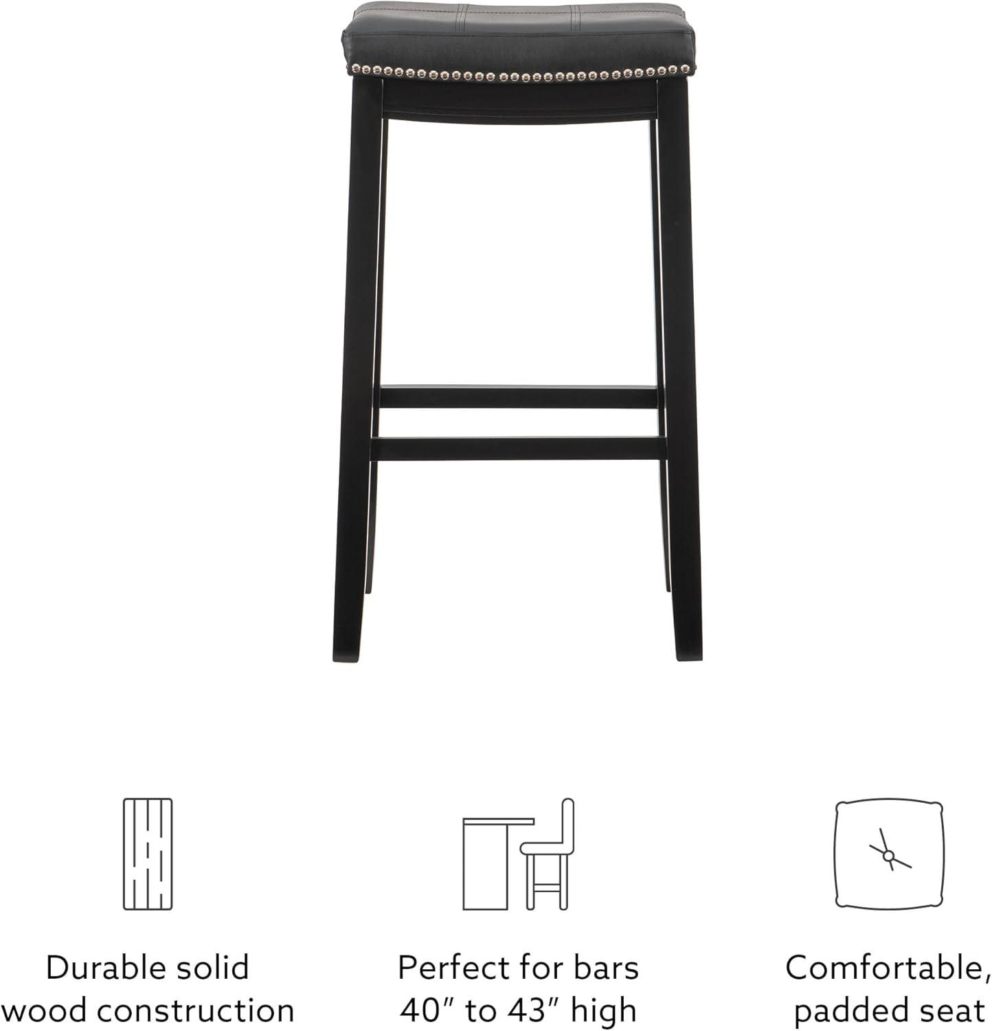 Claridge Backless Faux Leather Nailhead Saddle Barstool Black - Linon: Rubberwood Frame, 32.25" Height