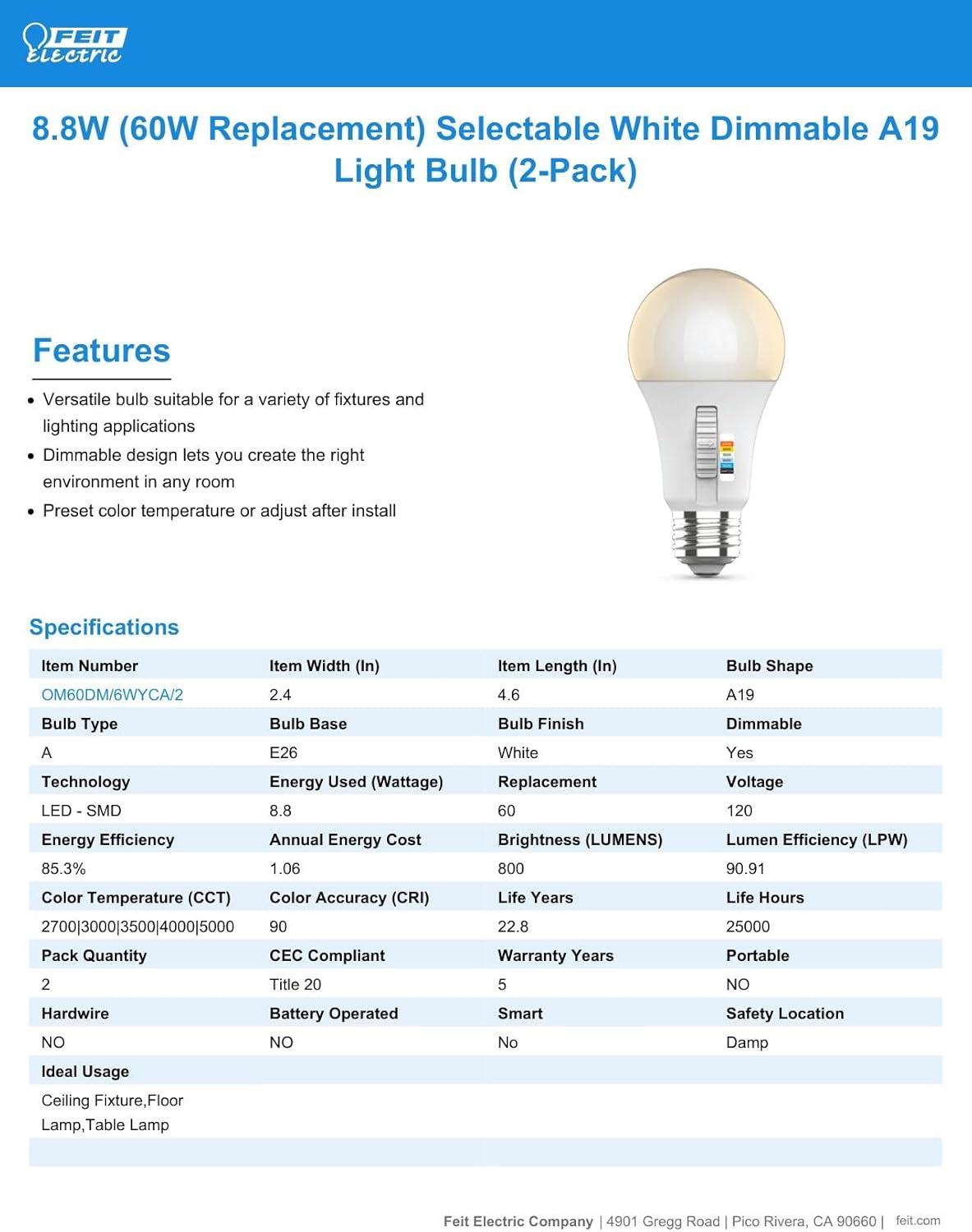 Feit Electric A19 E26 (Medium) LED Light Bulb Color Changing 60 Watt Equivalence 1 pk