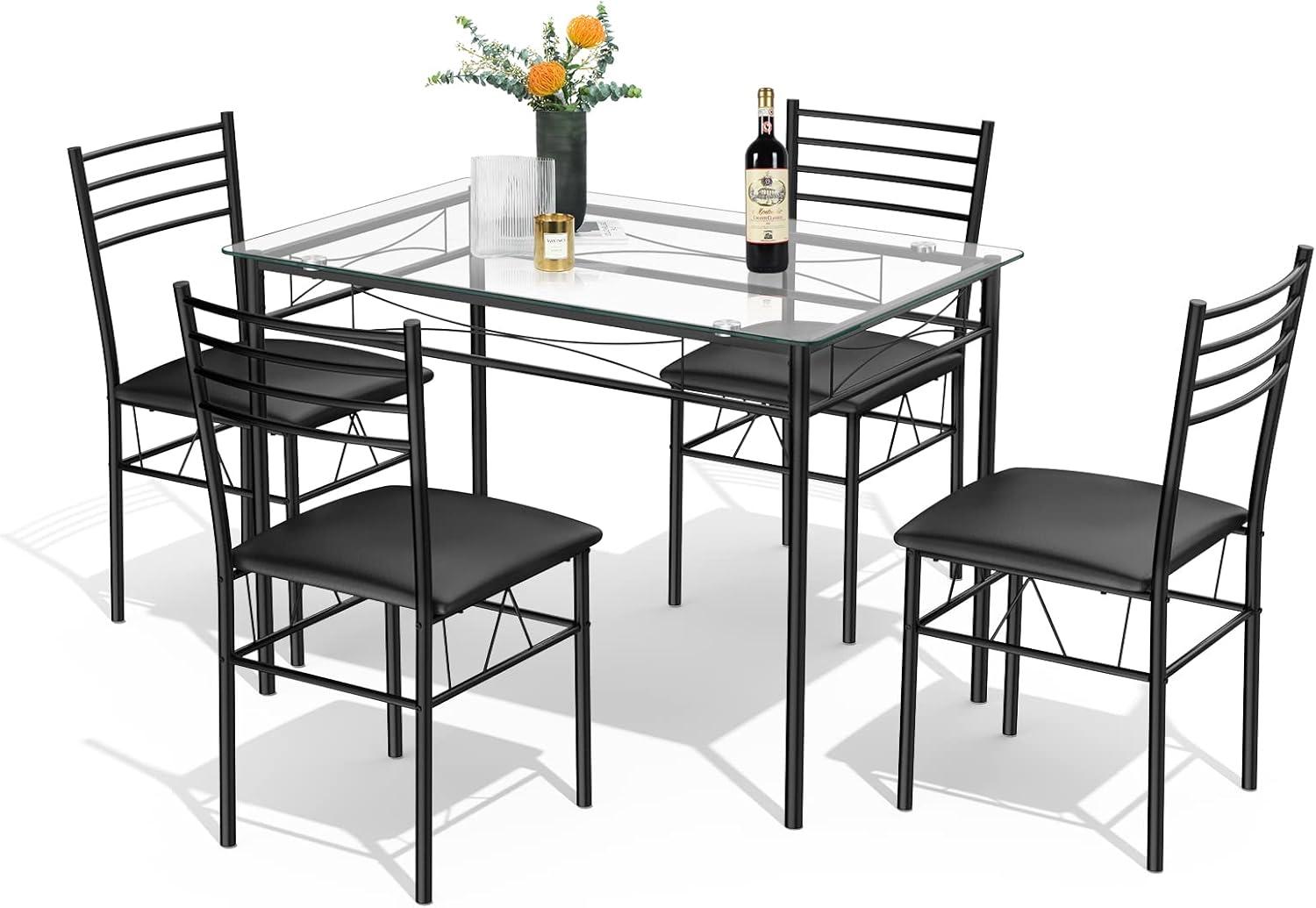 Finihen Dining Set, Dining Table Set, 5 Pieces Dining Set with Tempered Glass Top Table and 4 Upholstered Chairs, for Home, Restaurant, Black