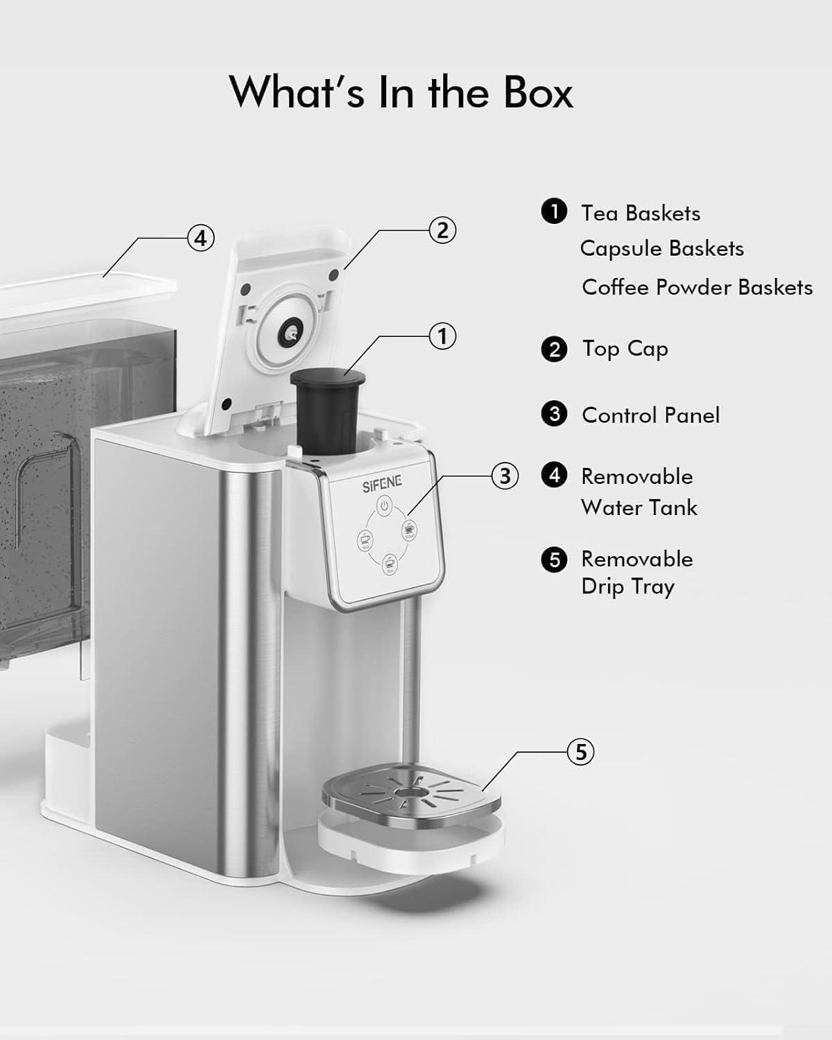 SIFENE 3-in-1 Single Serve Coffee Maker, Brew Ground Coffee, Tea, White, New