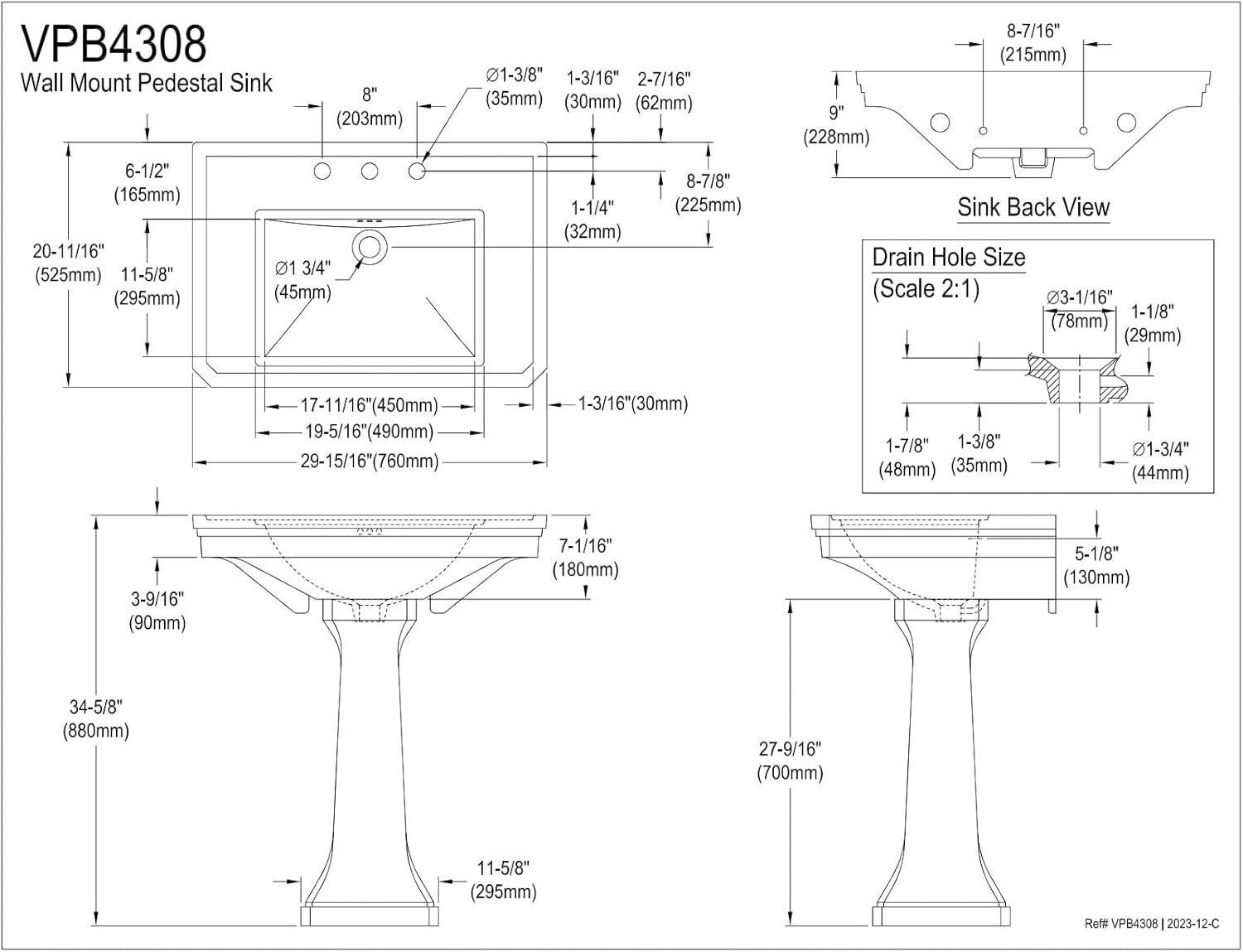 Imperial White Ceramic Pedestal Sink, 30"