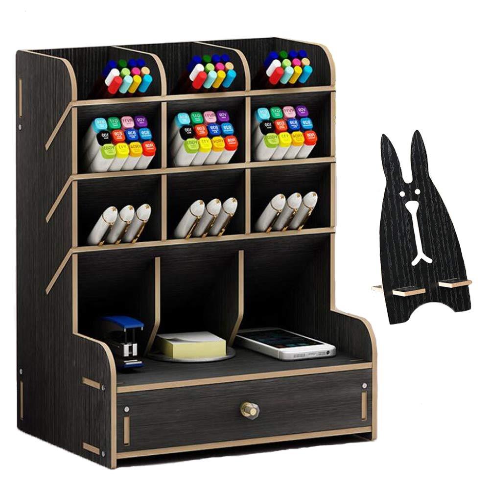 Marbrasse Wooden Desk Organizer, Multi-Functional DIY Pen Holder Box, Desktop Stationary, Home Office Supply Storage Rack with Drawer (B11-Black)