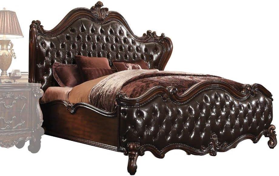 ACME Versailles CK Bed, Two Tone Dark Brown Synthetic Leather & Cherry Oak