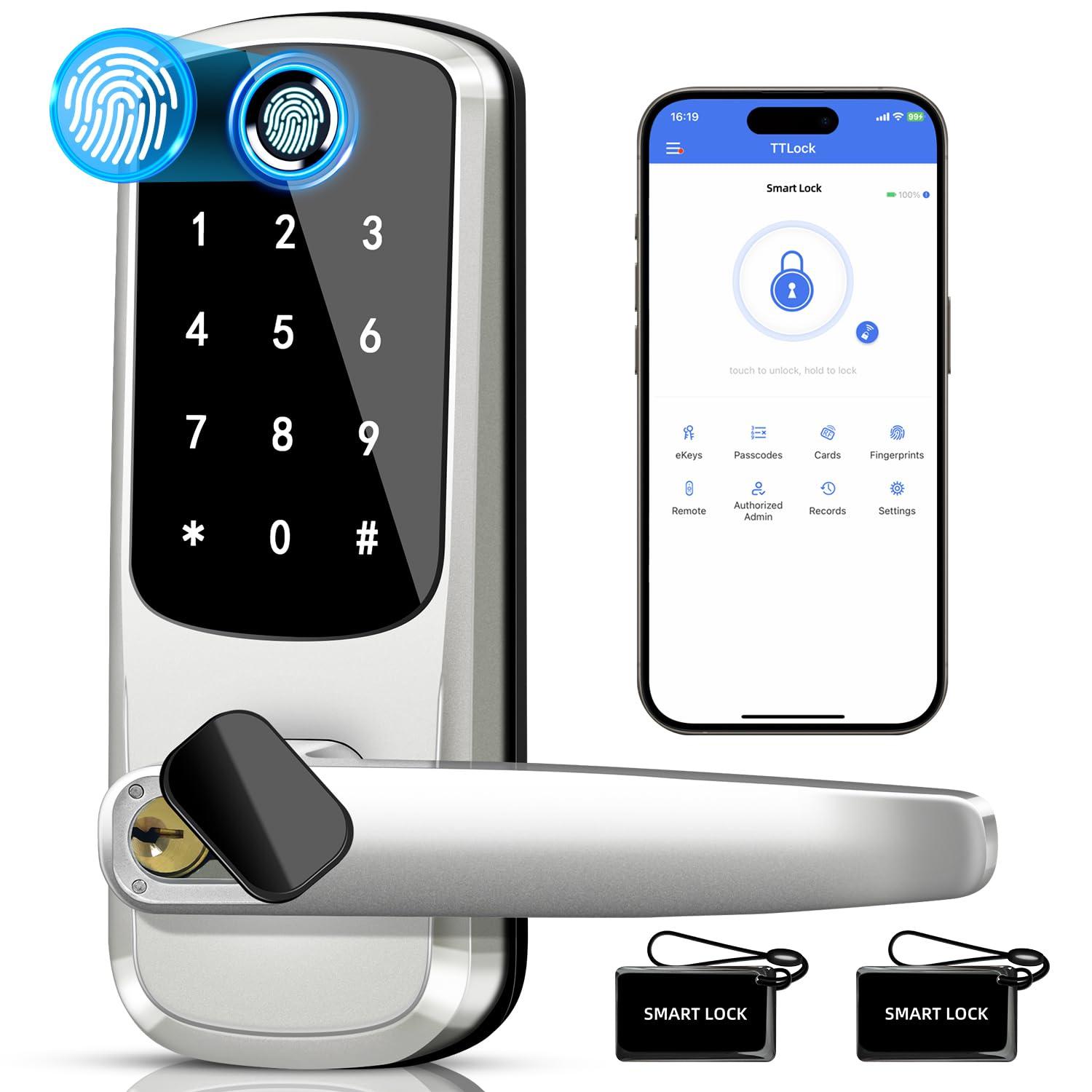 Keyless Entry Door Lock with Keypad, Fingerprint Exterior Locks, Door Handle Deadbolt with Code, Smart Locks for Front Door, Electronic Digital Keypad Smart Lock, Auto Locked & App Control