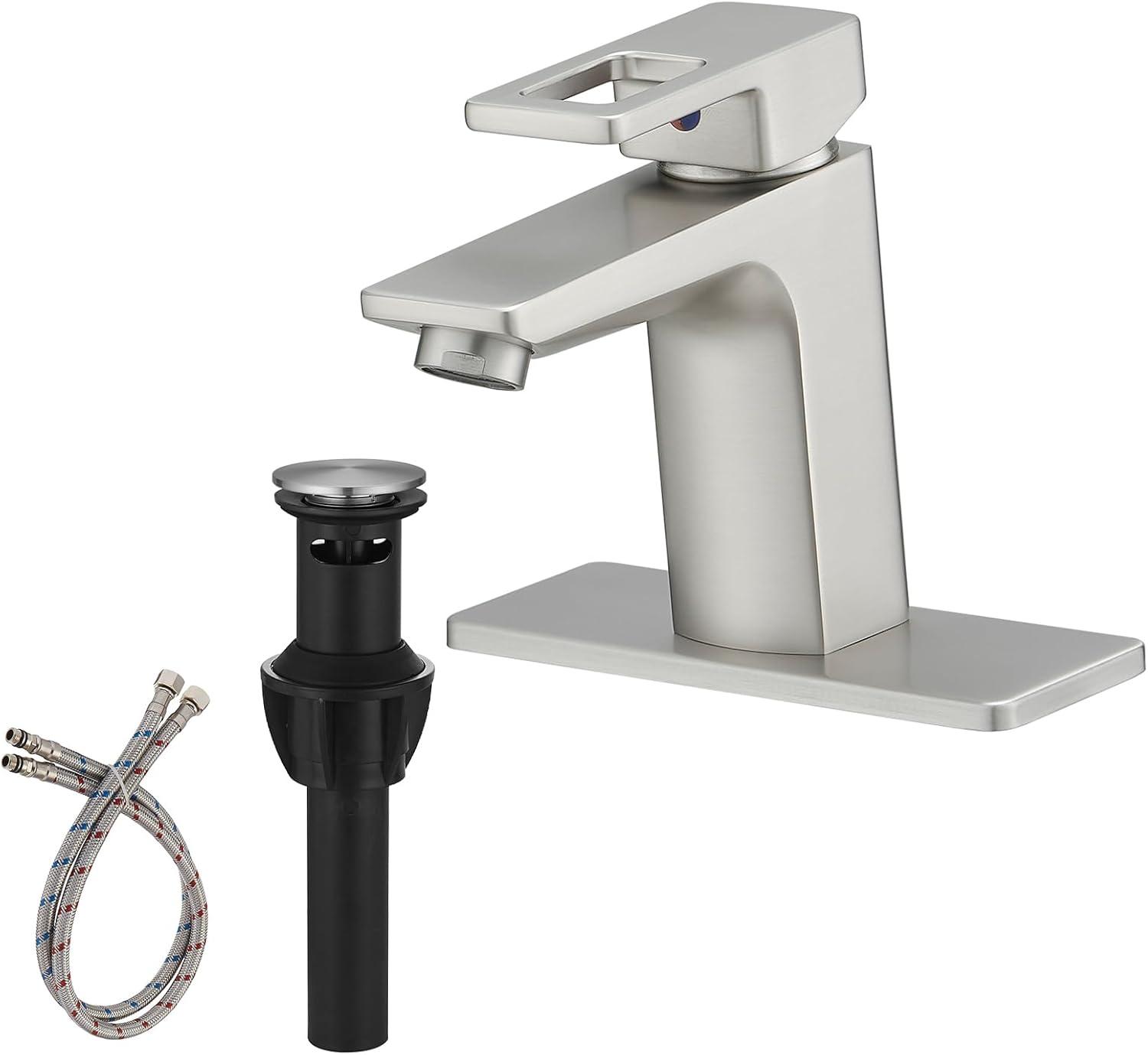 Brushed Nickel Single Handle Bathroom Faucet with Pop-Up Drain