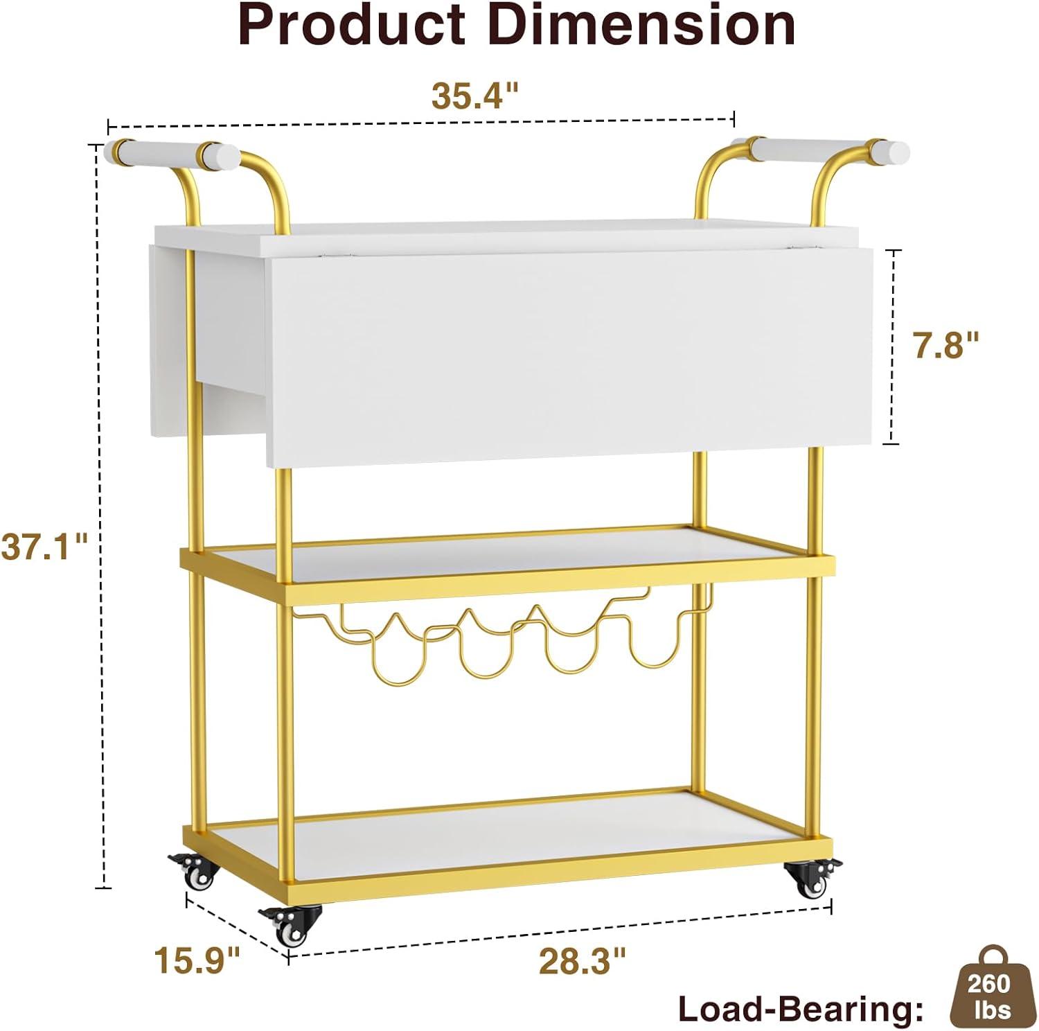 Gold and White 3-Tier Metal Bar Cart with Wine Rack